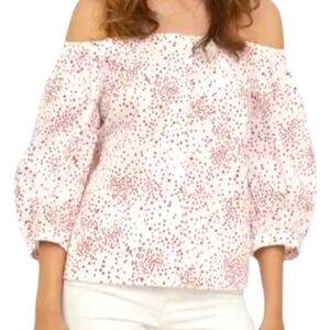 H&M Red and White Polka Dot Off-the-Shoulder Balloon 3/4 Sleeve Button Down Top